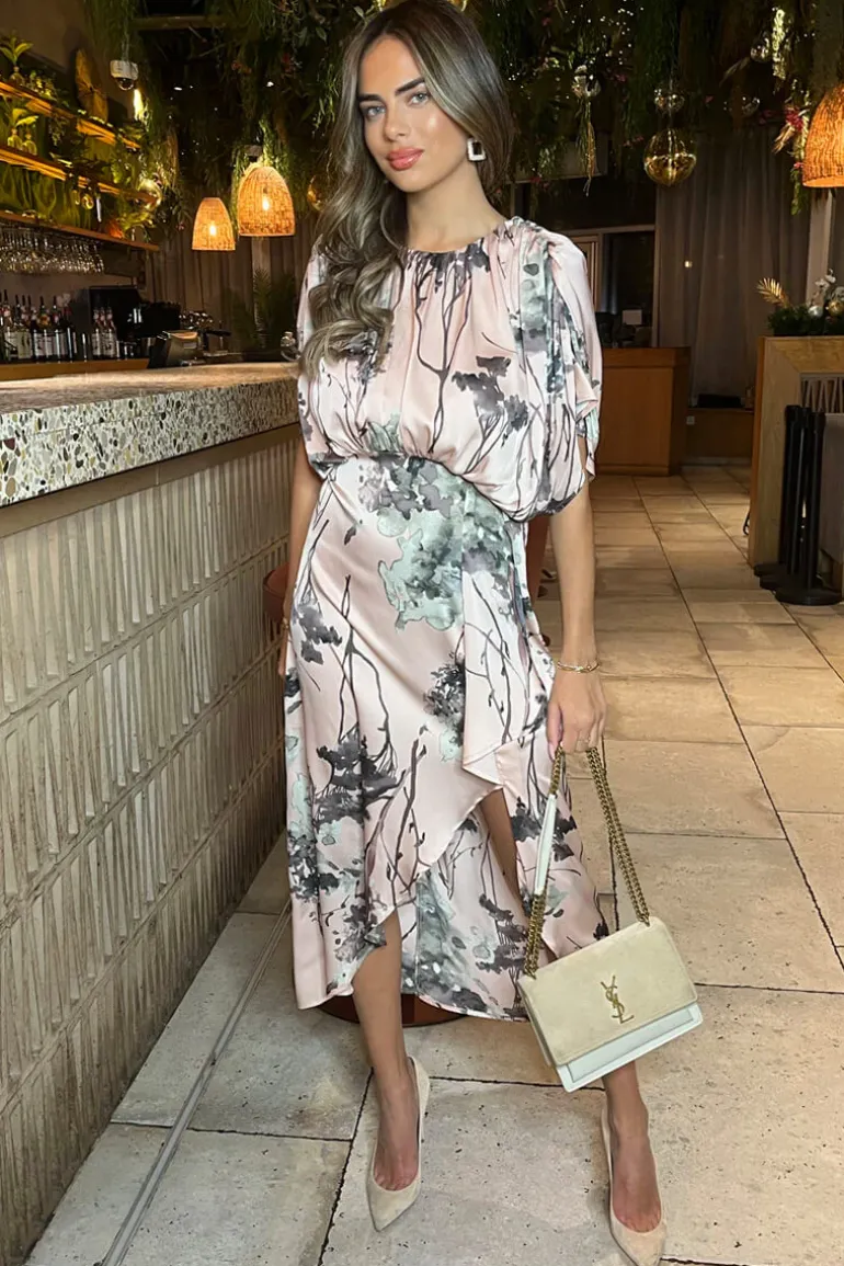 Dusty Pink Printed Batwing Top Wrap Skirt Midi Dress