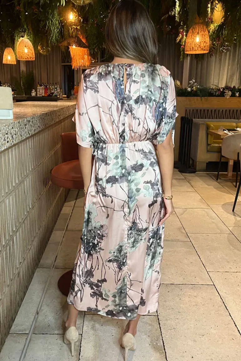 Dusty Pink Printed Batwing Top Wrap Skirt Midi Dress