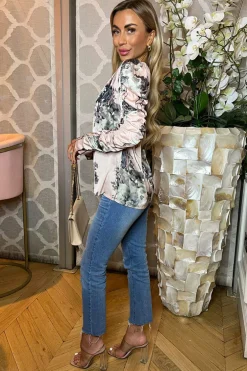 Dusty Pink Printed Ruched Sleeve Top