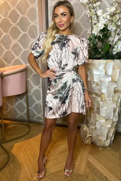 Dusty Pink Printed Short Puff Sleeve Gathered Side Mini Dress