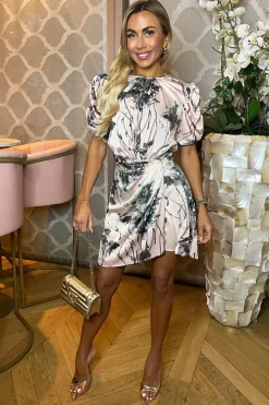 Dusty Pink Printed Short Puff Sleeve Gathered Side Mini Dress