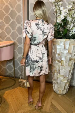 Dusty Pink Printed Short Puff Sleeve Gathered Side Mini Dress