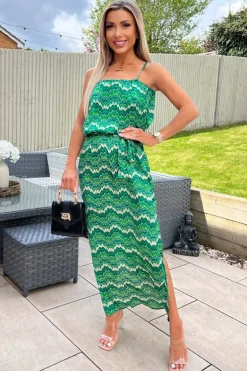 Green Abstract Printed Tie Waist Strappy Midi Dress
