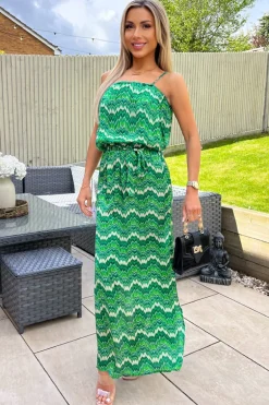 Green Abstract Printed Tie Waist Strappy Midi Dress