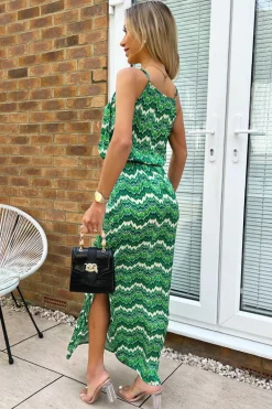 Green Abstract Printed Tie Waist Strappy Midi Dress