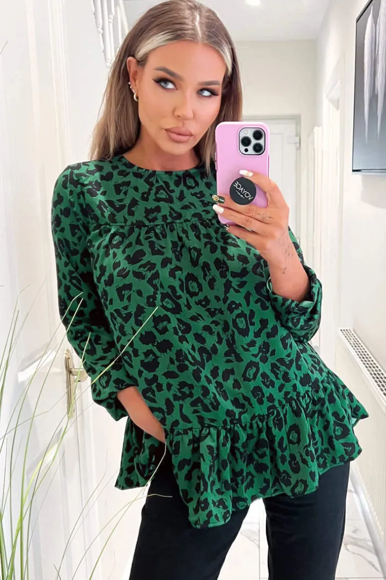 Green And Black Animal Print Long Sleeve Smock Top