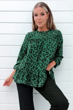 Green And Black Animal Print Long Sleeve Smock Top