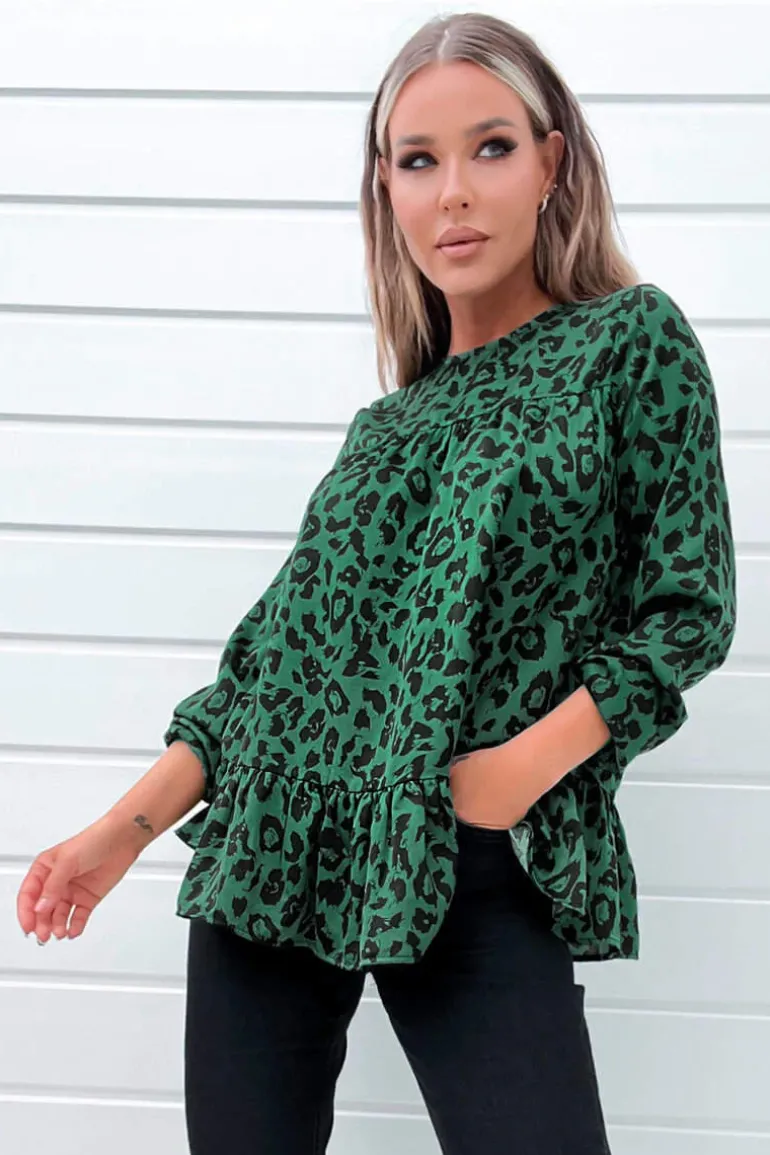 Green And Black Animal Print Long Sleeve Smock Top