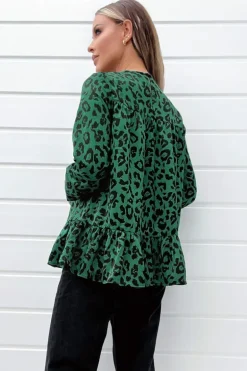 Green And Black Animal Print Long Sleeve Smock Top