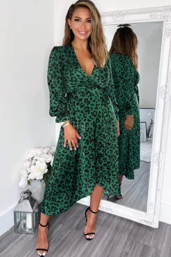 Green And Black Animal Printed Wrap Over Midi Dress