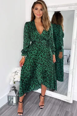 Green And Black Animal Printed Wrap Over Midi Dress