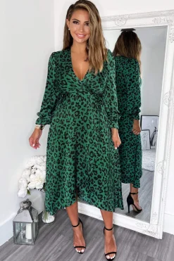 Green And Black Animal Printed Wrap Over Midi Dress
