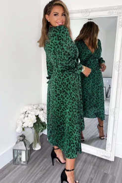 Green And Black Animal Printed Wrap Over Midi Dress