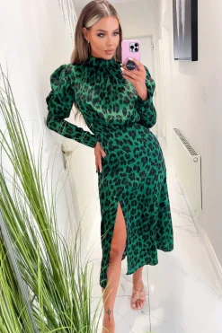 Green and Black Animal Print Puff Long Sleeve Midi Dress