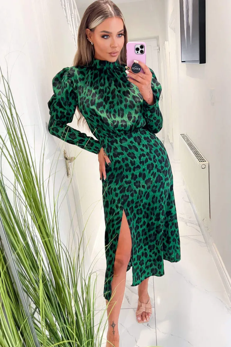 Green and Black Animal Print Puff Long Sleeve Midi Dress