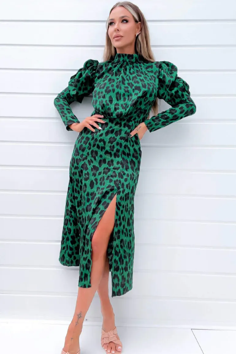 Green and Black Animal Print Puff Long Sleeve Midi Dress
