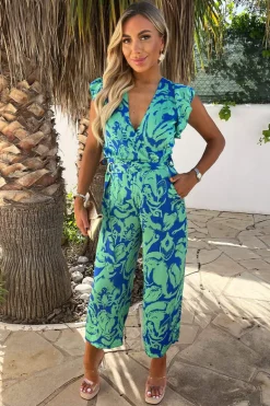 Green And Blue Abstract Printed Wrap Top Belted Jumpsuit
