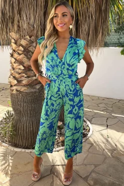 Green And Blue Abstract Printed Wrap Top Belted Jumpsuit
