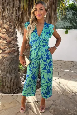 Green And Blue Abstract Printed Wrap Top Belted Jumpsuit
