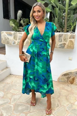 Green And Blue Abstract Print Short Sleeve Belted Wrap Midi Dress