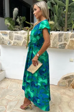 Green And Blue Abstract Print Short Sleeve Belted Wrap Midi Dress