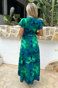 Green And Blue Abstract Print Short Sleeve Belted Wrap Midi Dress