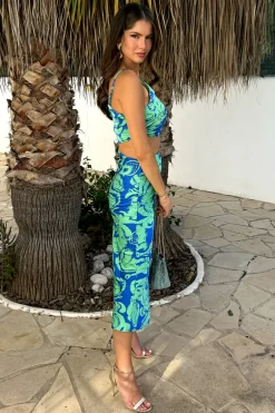 Green And Blue Abstract Printed Asymmetric Cut Out Midi Dress