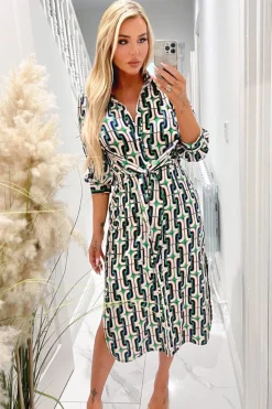 Green And Blue Geometric Multi Printed  3/4 Cuffed Sleeve Wrap Tie Midi Dress