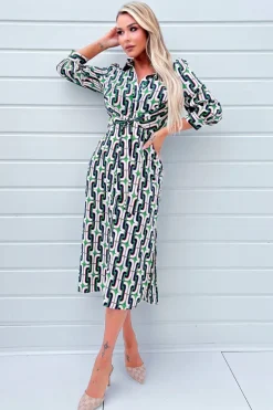 Green And Blue Geometric Multi Printed  3/4 Cuffed Sleeve Wrap Tie Midi Dress