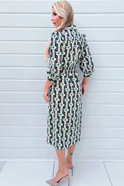 Green And Blue Geometric Multi Printed  3/4 Cuffed Sleeve Wrap Tie Midi Dress