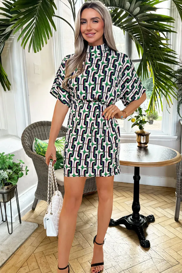 Green And Blue Geometric Printed High Neck Mini Dress