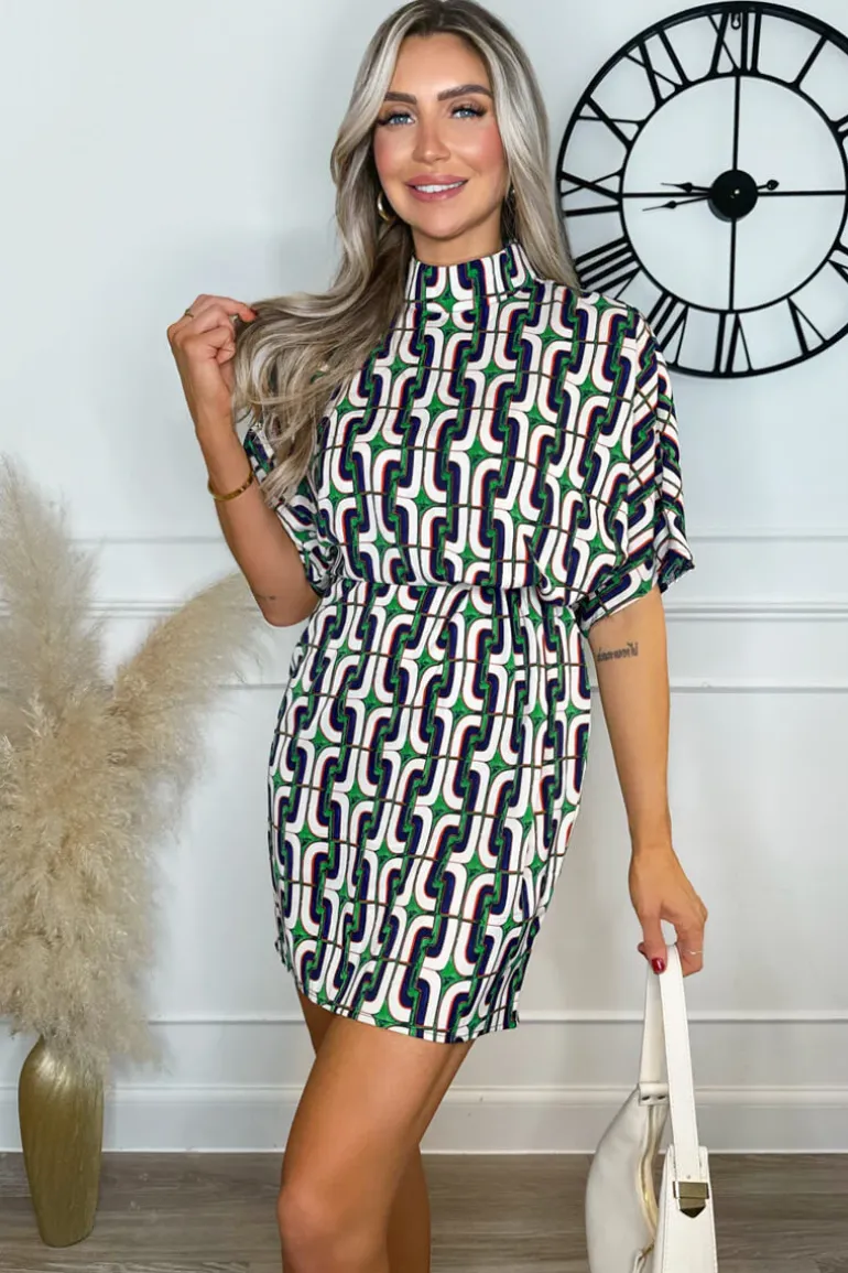 Green And Blue Geometric Printed High Neck Mini Dress