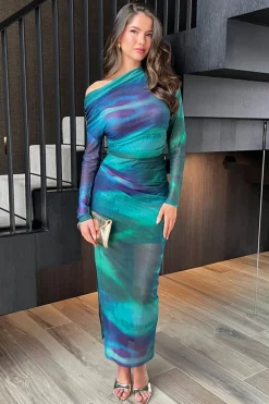 Green And Blue Tie Dye Print Mesh Off The Shoulder Draped Midi Dress