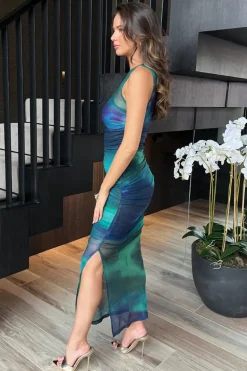 Green And Blue Tie Dye Print Mesh Overlay Bodycon Midi Dress