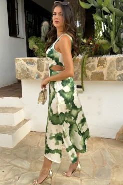 Green And Cream Marble Print Strap Detail Asymmetric Cut Out Midi Dress