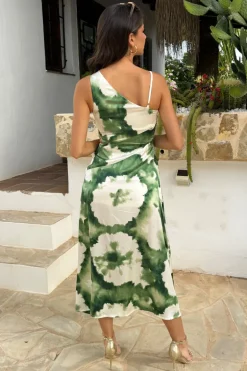 Green And Cream Marble Print Strap Detail Asymmetric Cut Out Midi Dress