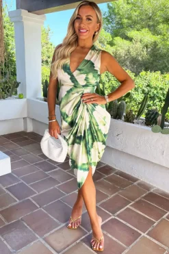 Green And Cream Marble Print Wrap Top Gathered Skirt Midi Dress