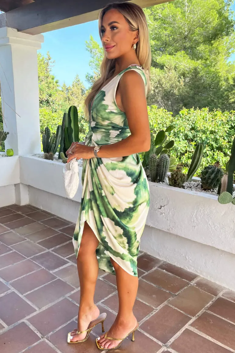 Green And Cream Marble Print Wrap Top Gathered Skirt Midi Dress