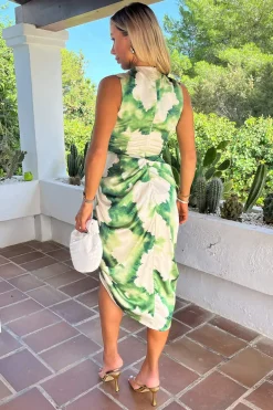 Green And Cream Marble Print Wrap Top Gathered Skirt Midi Dress