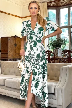 Green And Cream Printed Short Sleeve Wrap Over Midi Dress