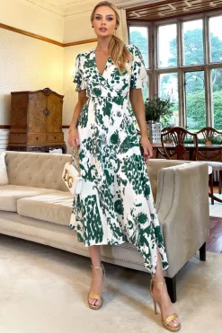 Green And Cream Printed Short Sleeve Wrap Over Midi Dress