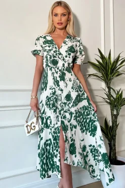 Green And Cream Printed Short Sleeve Wrap Over Midi Dress
