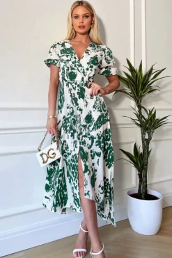 Green And Cream Printed Short Sleeve Wrap Over Midi Dress