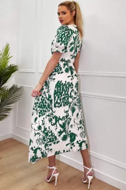 Green And Cream Printed Short Sleeve Wrap Over Midi Dress