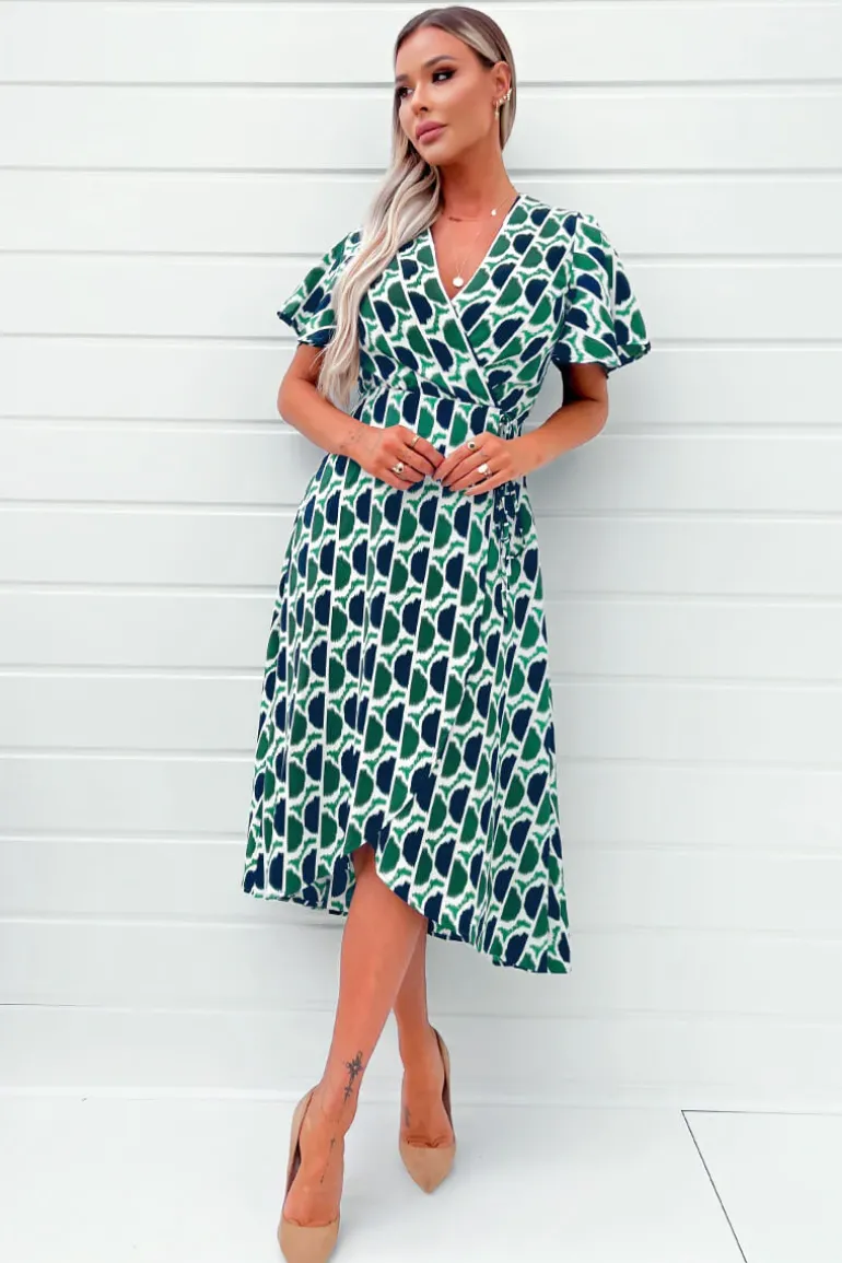 Green and Navy Printed Wrap Top Midi Dress