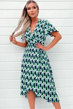 Green and Navy Printed Wrap Top Midi Dress
