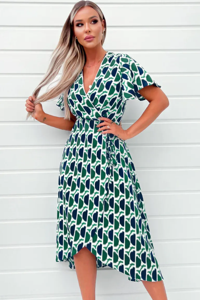 Green and Navy Printed Wrap Top Midi Dress
