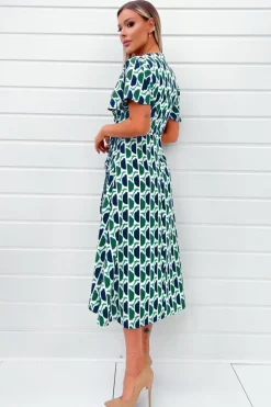 Green and Navy Printed Wrap Top Midi Dress