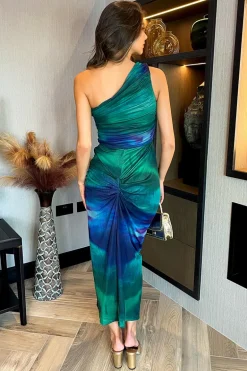 Green And Purple Tie Dye Print One Shoulder Knot Skirt Mesh Midi Dress