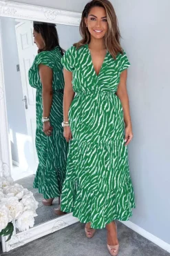 Green And White Animal Print Collared Smock Midi Dress